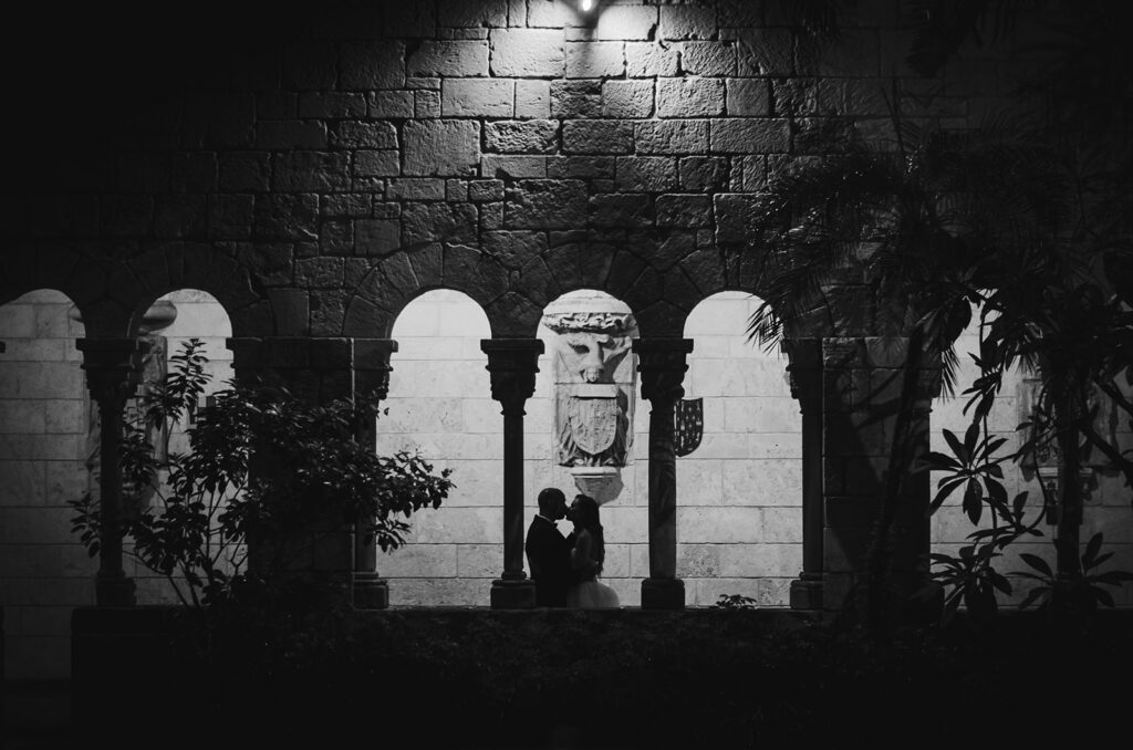 black and white photo of bride and groom in South Florida venue