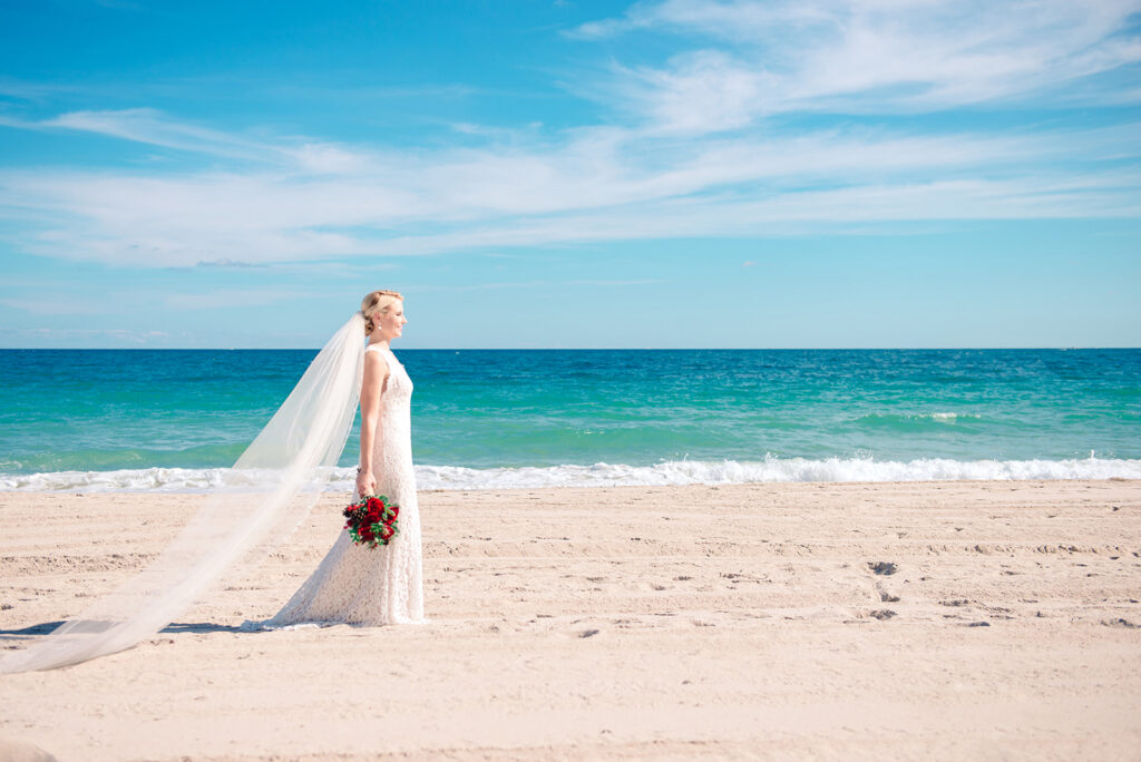 bride along on the beach in South Florida