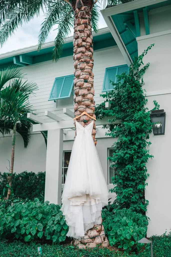 wedding dress hanging on palm tree