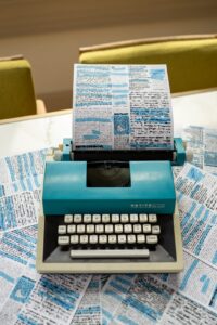 Blue typewriter as themed Austin Powers event decor
