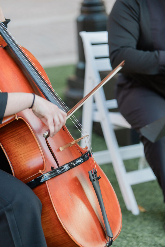close up photo of a string instrument at a wedding