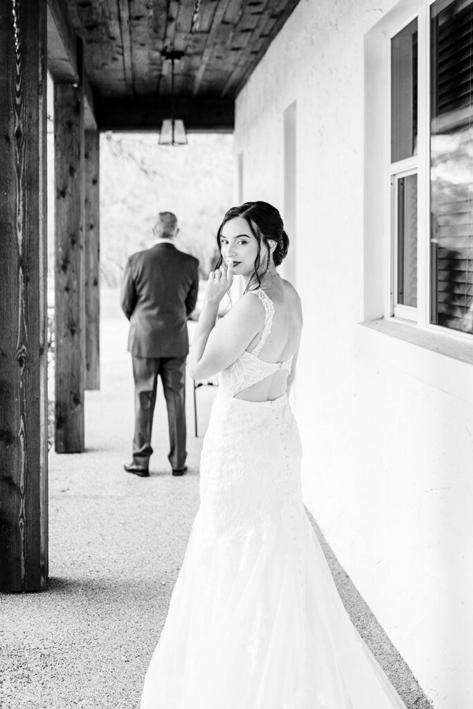 black and white bride dad first look surprise