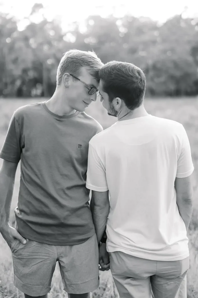 Black and white engagement photo two men