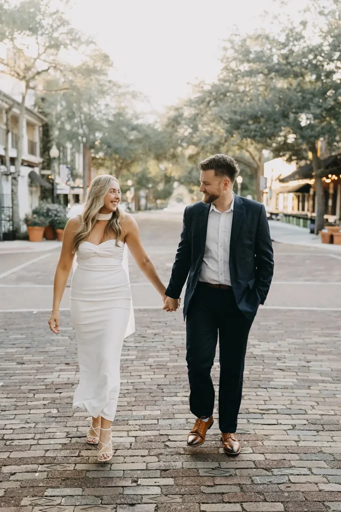 Couple walking down the street in Winter Park Florida
