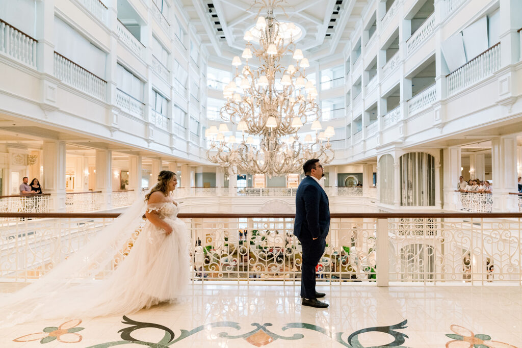bride approaches groom at Disney Resort Wedding