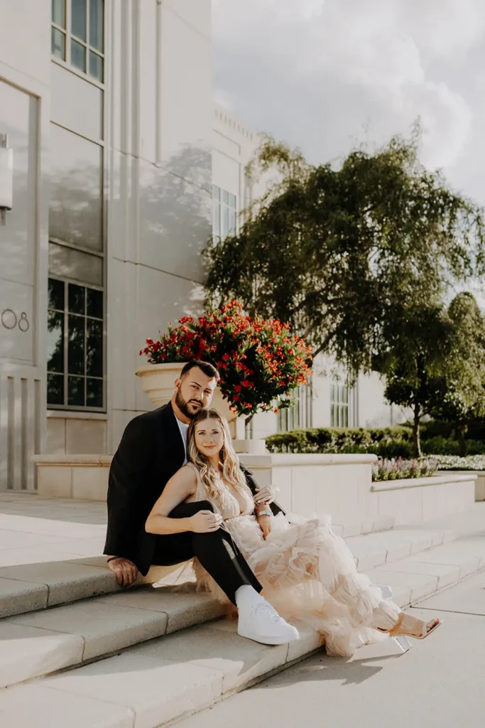 Engagement photo on stairs in Winter Garden, FL
