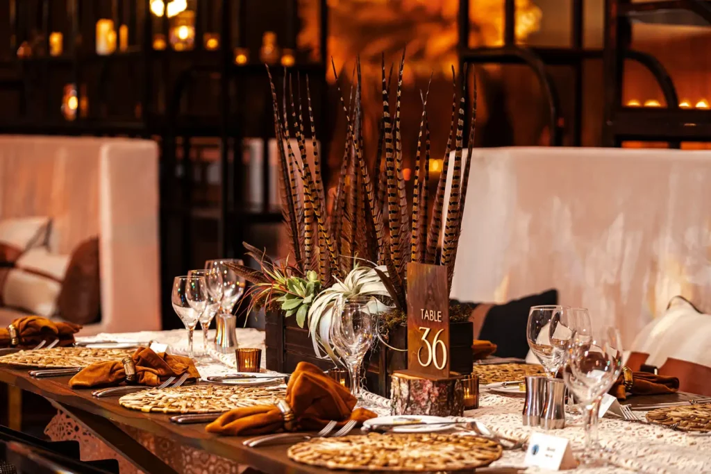 Moody browns and rust color table setting at Four Seasons Orlando