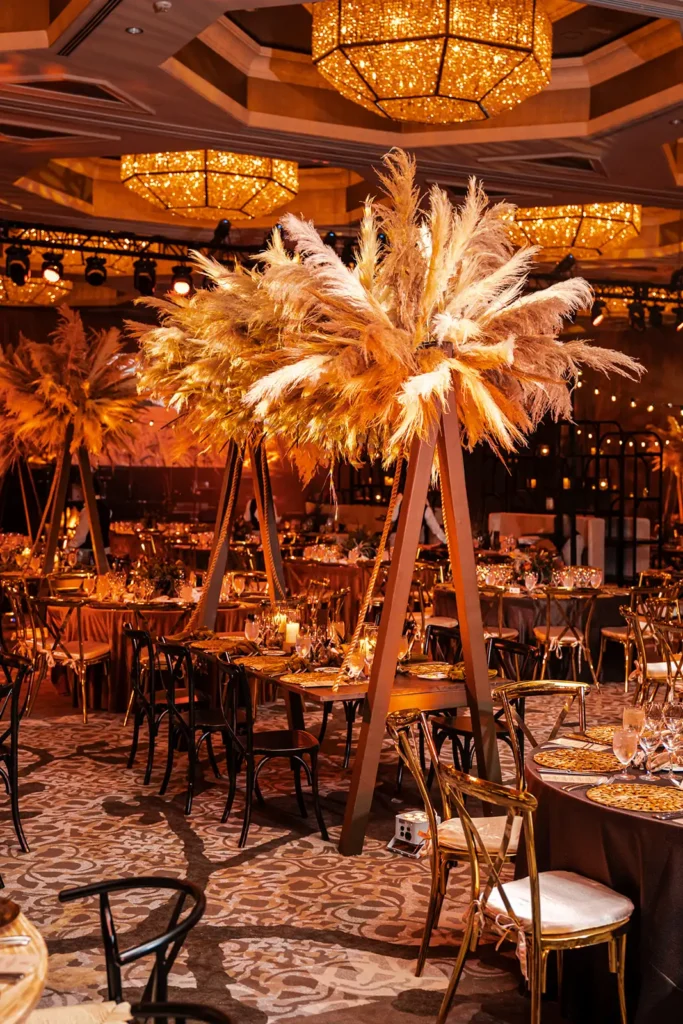 Four Season Orlando event reception table settings and large decor pieces
