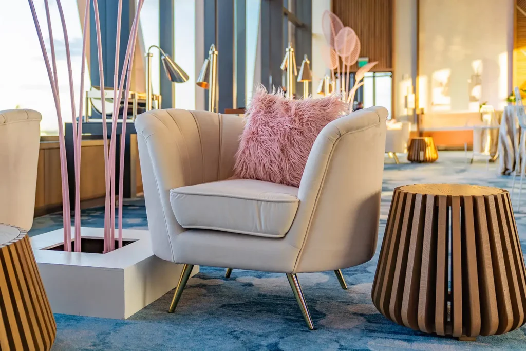 Pink, gold, white, event decor at Swan and Dolphin Resort