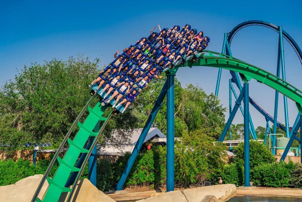 Guests riding roller coaster at Sea World Orlando