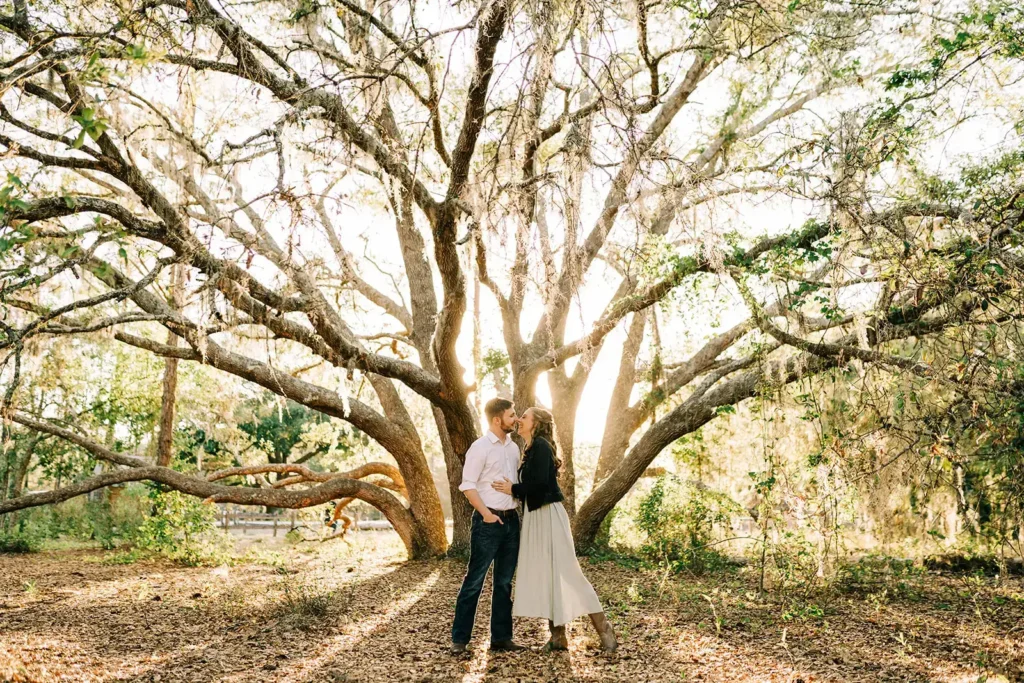 Large tree in Florida park behind couple kissing
