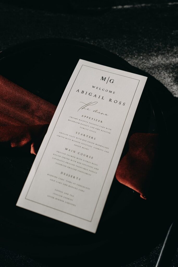 Close up photo of wedding stationery menu card