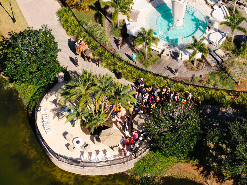 Drone photo of elephant baraat entrance at Ritz Carlton Orlando